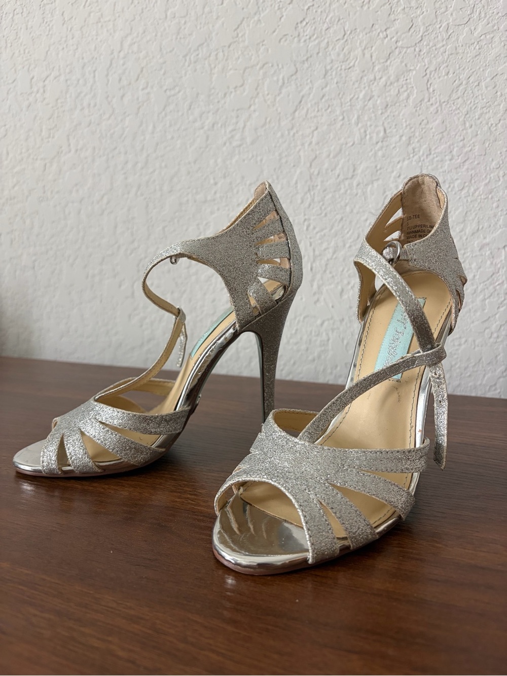 Betsey Johnson Silver Glitter Strappy High Heel Sandals